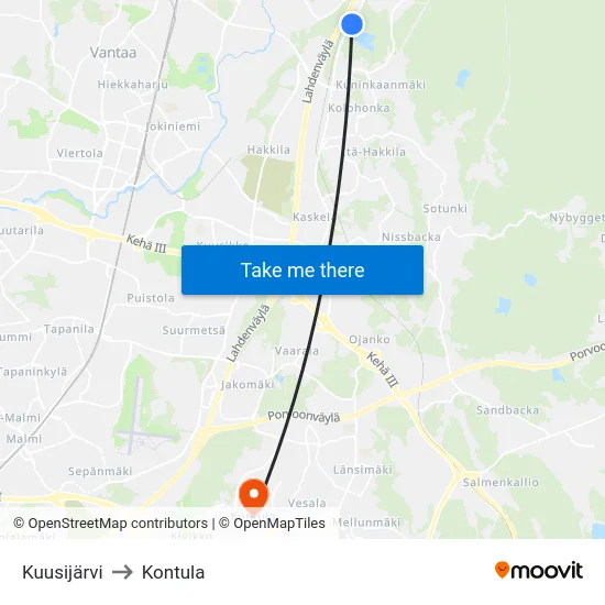 Kuusijärvi to Kontula map