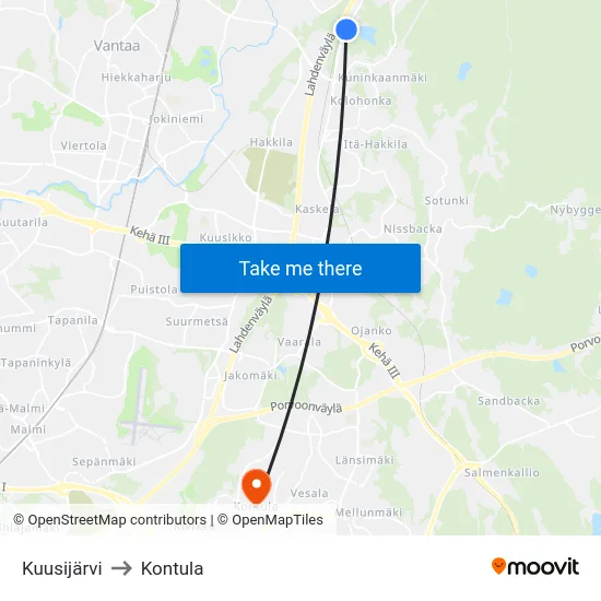 Kuusijärvi to Kontula map