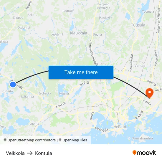 Veikkola to Kontula map