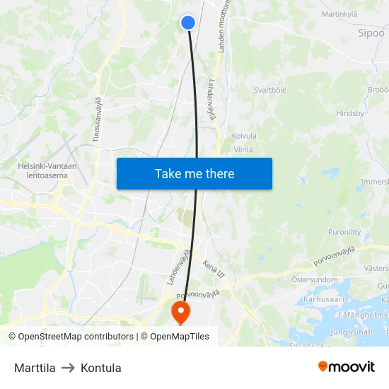 Marttila to Kontula map