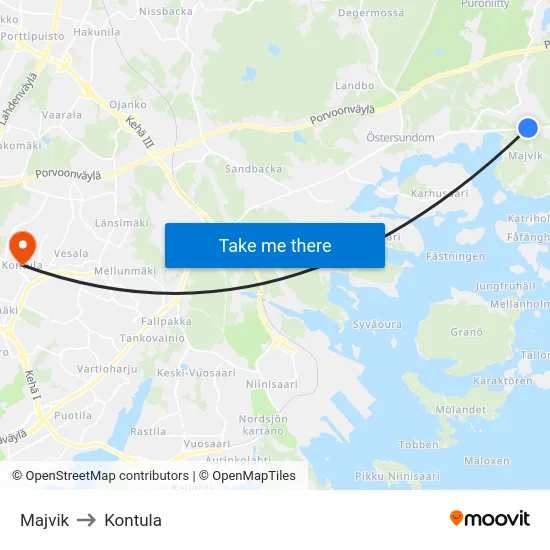 Majvik to Kontula map