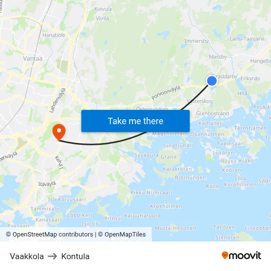 Vaakkola to Kontula map