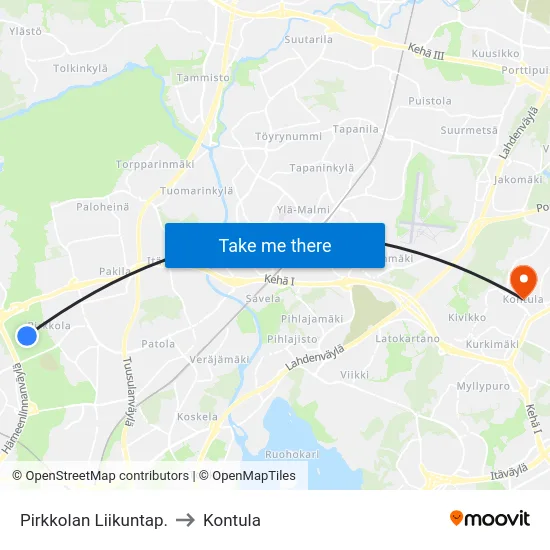 Pirkkolan Liikuntap. to Kontula map
