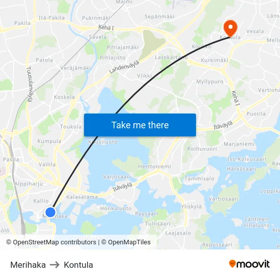 Merihaka to Kontula map