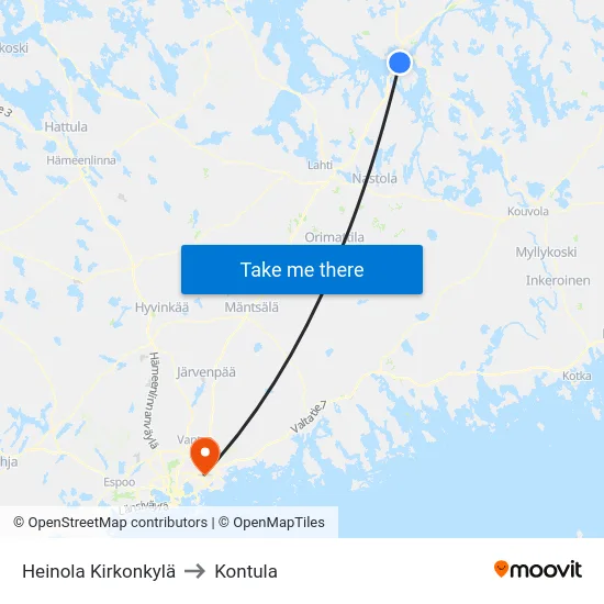 Heinola Kirkonkylä to Kontula map