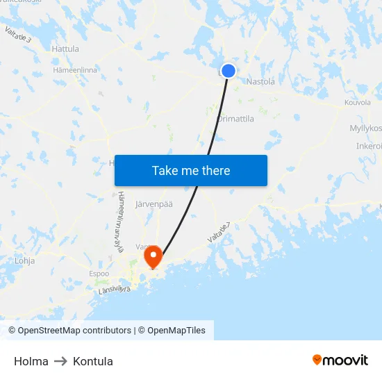 Holma to Kontula map