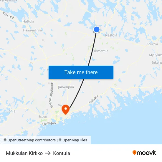 Mukkulan Kirkko to Kontula map