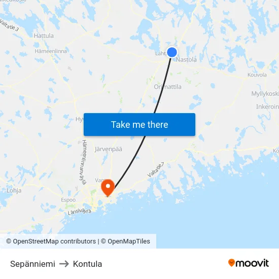 Sepänniemi to Kontula map