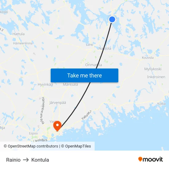 Rainio to Kontula map