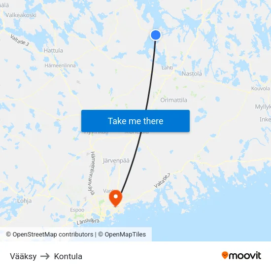 Vääksy to Kontula map