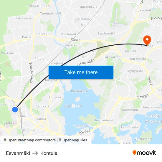 Eevanmäki to Kontula map