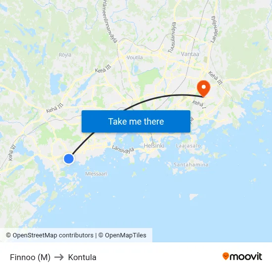 Finnoo (Metro) to Kontula map