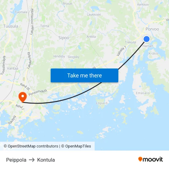 Peippola to Kontula map