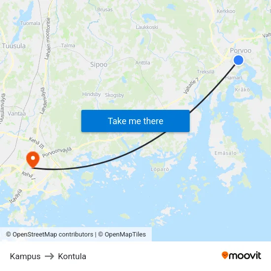 Kampus to Kontula map