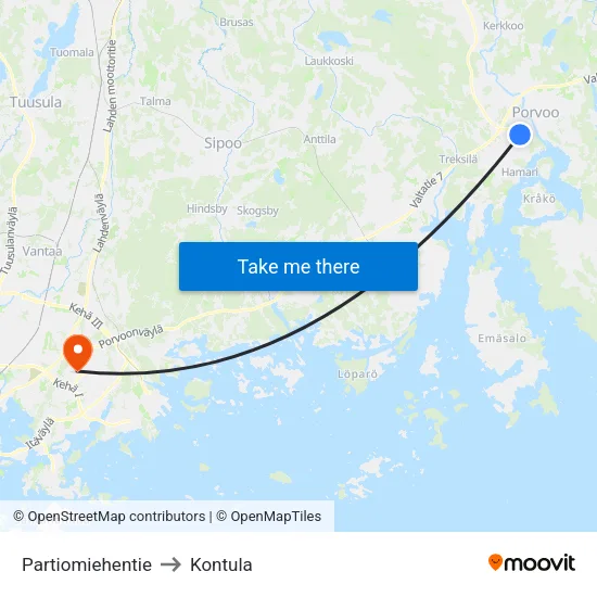 Partiomiehentie to Kontula map
