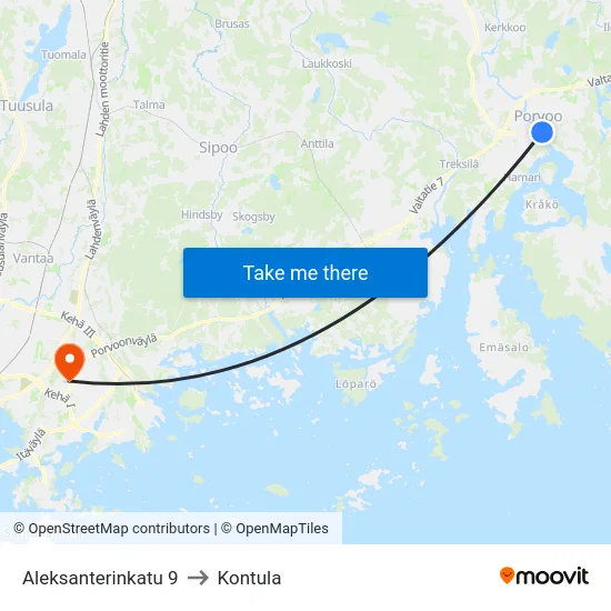 Aleksanterinkatu 9 to Kontula map