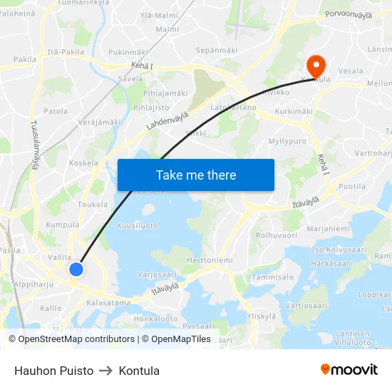 Hauhon Puisto to Kontula map