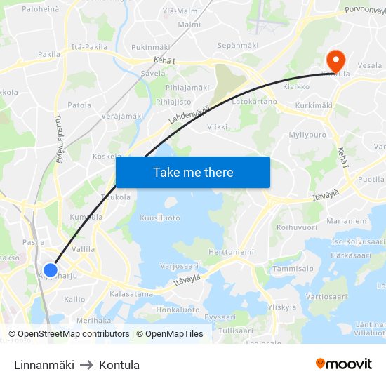 Linnanmäki to Kontula map