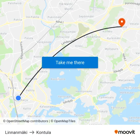 Linnanmäki to Kontula map
