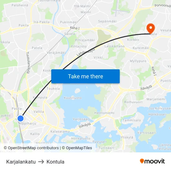Karjalankatu to Kontula map
