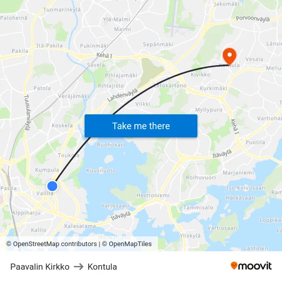 Paavalin Kirkko to Kontula map