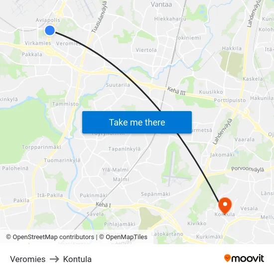 Veromies to Kontula map