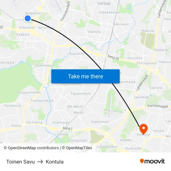 Toinen Savu to Kontula map