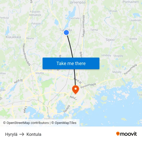 Hyrylä to Kontula map