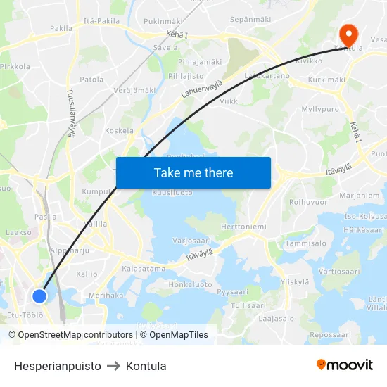 Hesperianpuisto to Kontula map