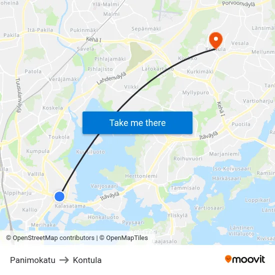 Panimokatu to Kontula map