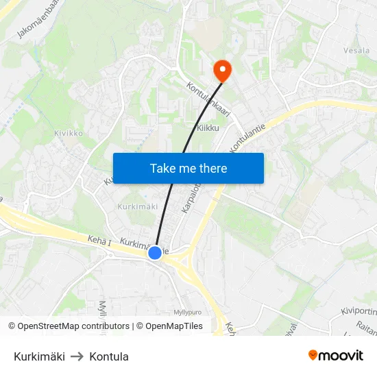 Kurkimäki to Kontula map