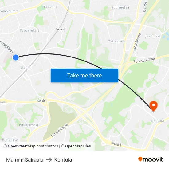 Malmi Hospital to Kontula map