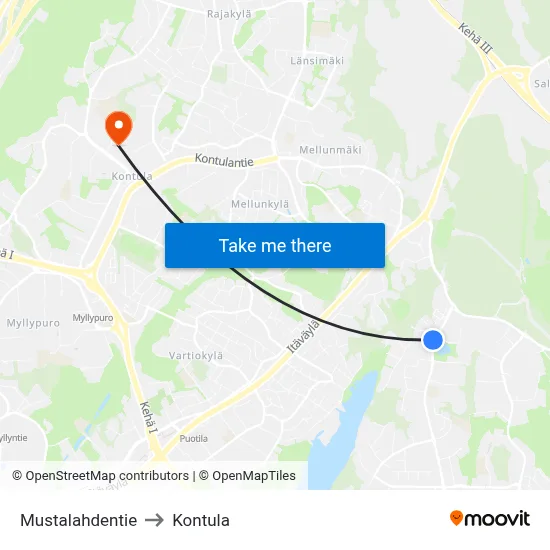 Mustalahdentie to Kontula map