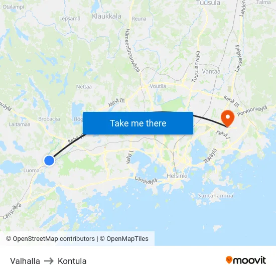 Valhalla to Kontula map