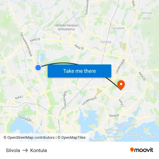 Silvola to Kontula map
