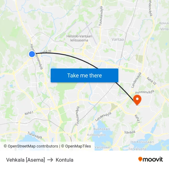 Vehkala [Asema] to Kontula map