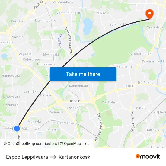 Espoo Leppävaara to Manor Rapids map