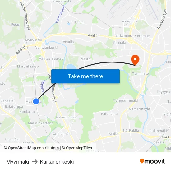 Myyrmäki to Manor Rapids map