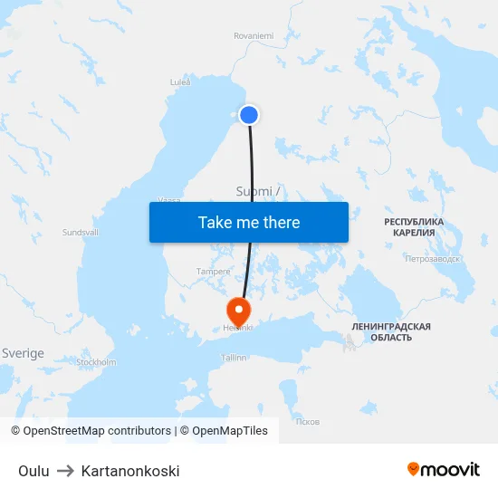Oulu to Manor Rapids map