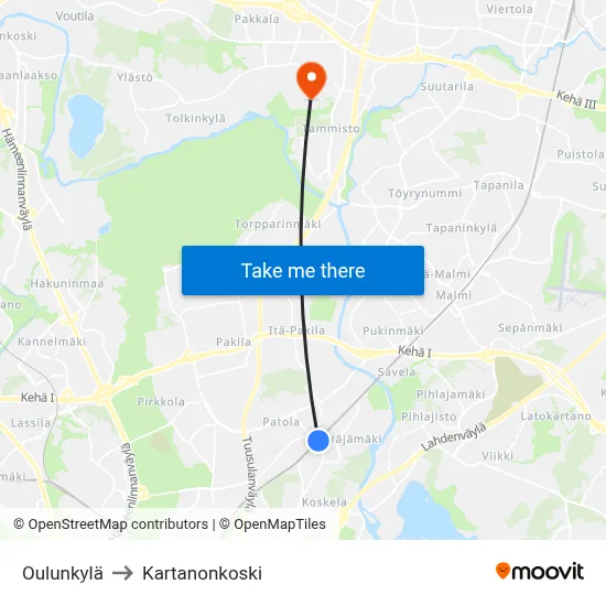 Oulunkylä to Manor Rapids map