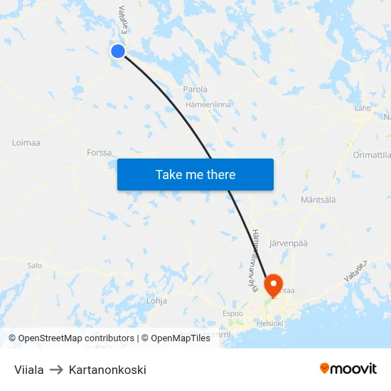 Viiala to Manor Rapids map