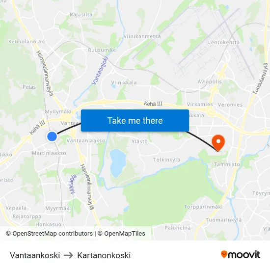 Vantaankoski to Manor Rapids map