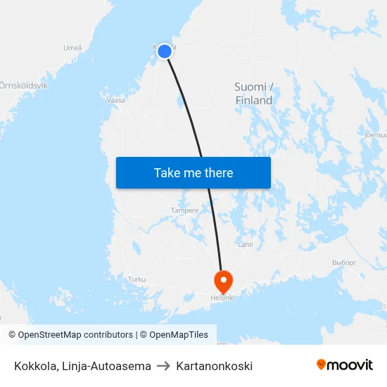 Kokkola Bus Station to Manor Rapids map