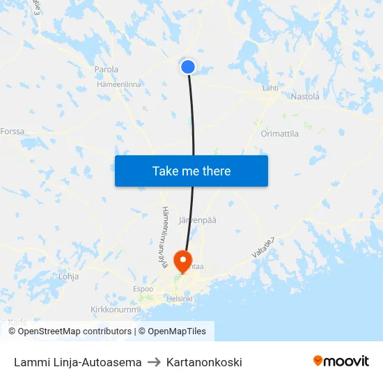 Lammi Bus Station to Manor Rapids map