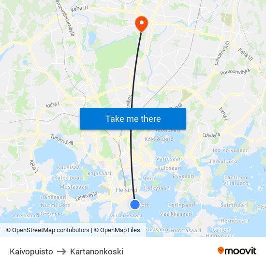 Kaivopuisto to Kartanonkoski map