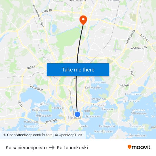 Kaisaniemenpuisto to Kartanonkoski map