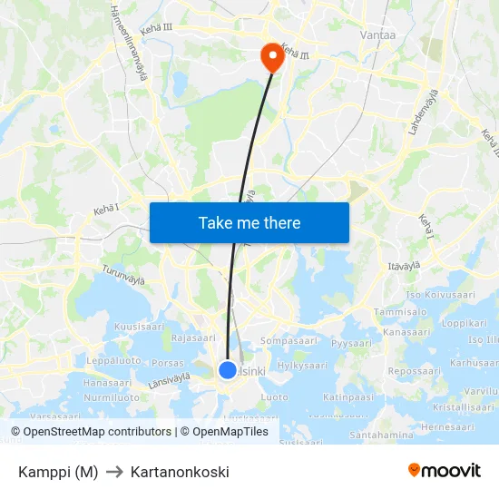 Kamppi (M) to Manor Rapids map