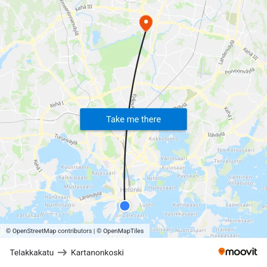Telakkakatu to Manor Rapids map
