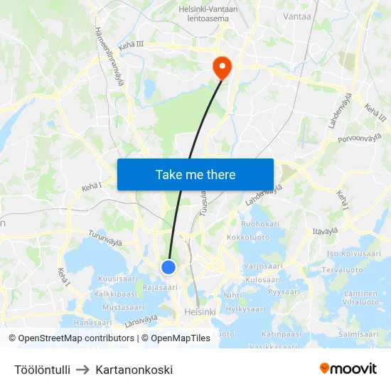 Töölö Toll to Manor Rapids map
