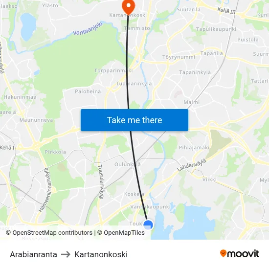 Arabianranta to Manor Rapids map